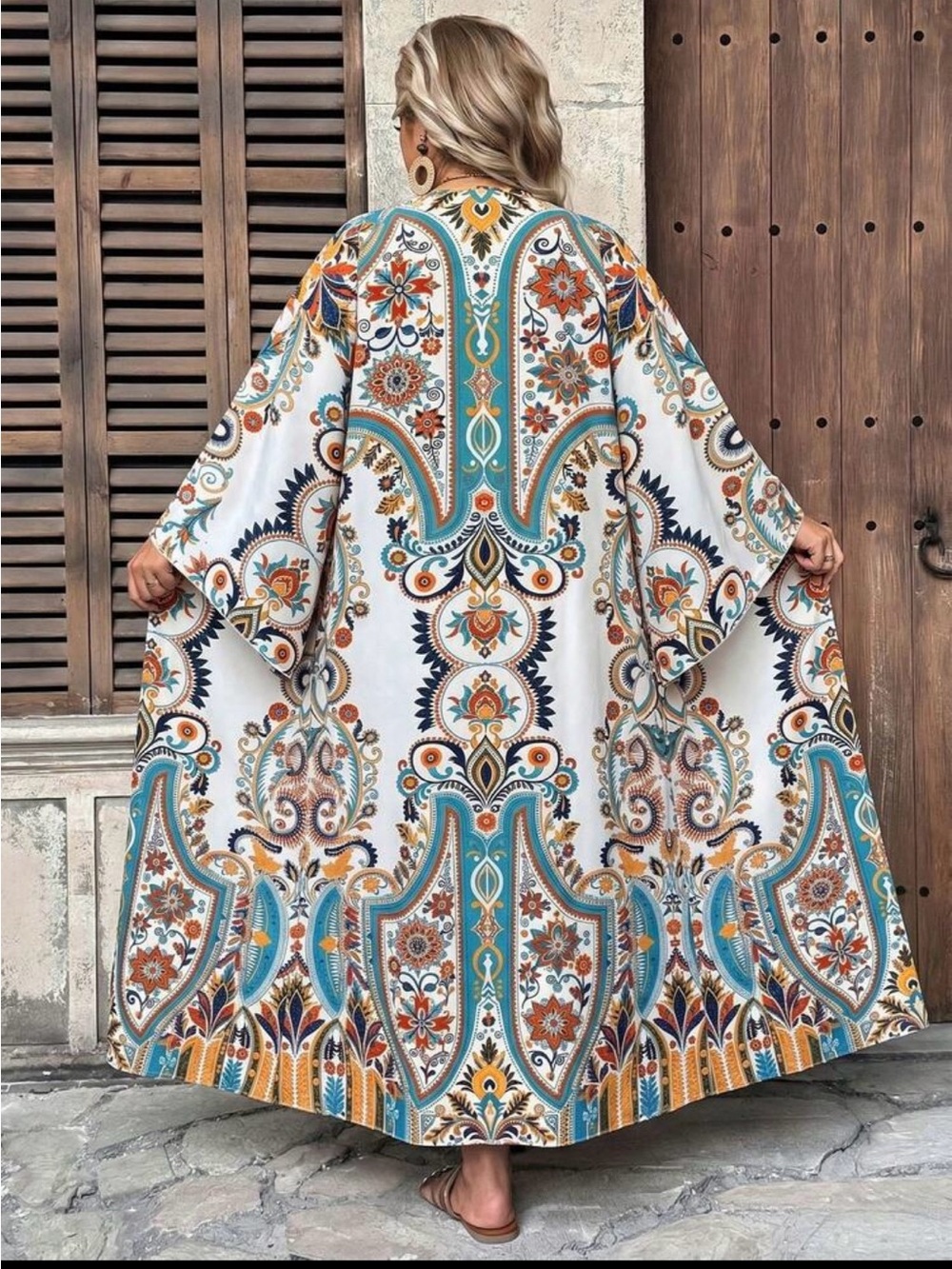 Bohemian White & Teal Floral Print Kimono